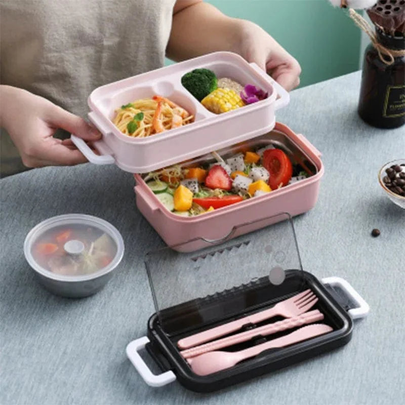 Stainless steel Showlu 304 lunch box with 2 layers and leak-proof design, perfect for packing meals and snacks.