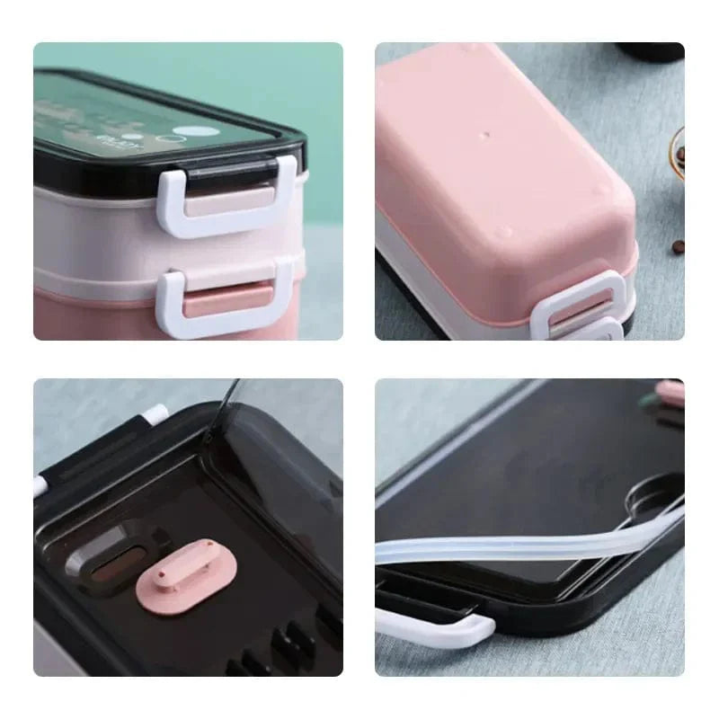 Showlu 304 stainless steel 2-layer leak-proof lunch box with secure latches and divided compartments for fresh meals.