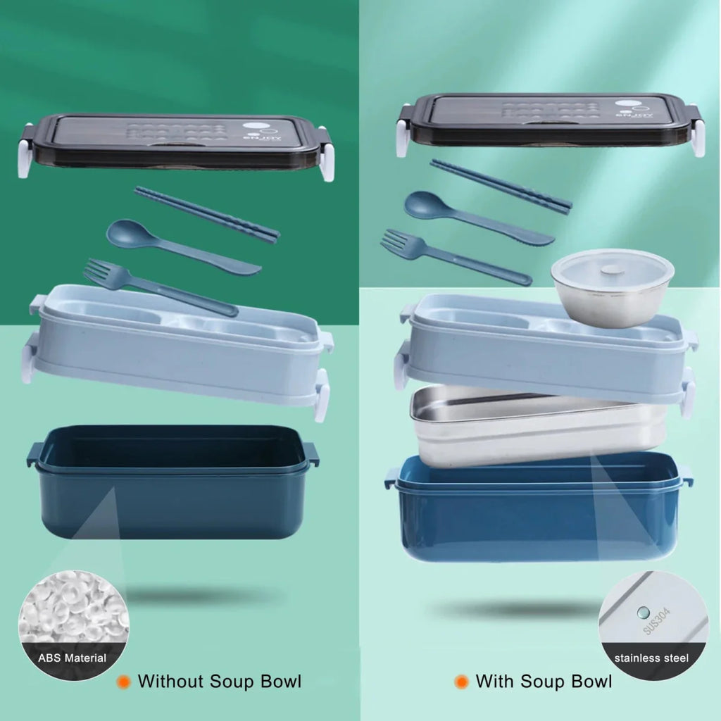 Showlu 304 stainless steel 2-layer leak-proof bento lunch box with secure latches and compact design.