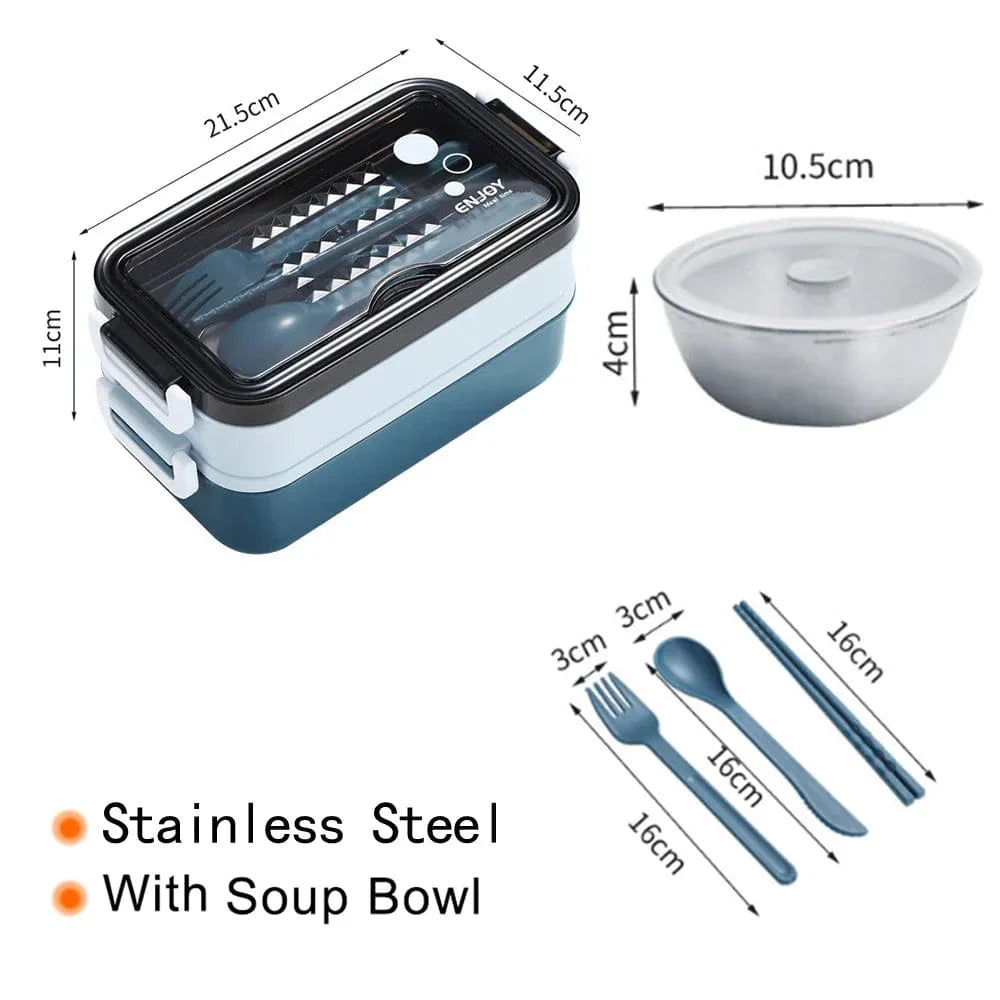 Stainless steel Showlu 304 2-layer leak-proof lunch box with secure latches and compact design for easy meal transport.