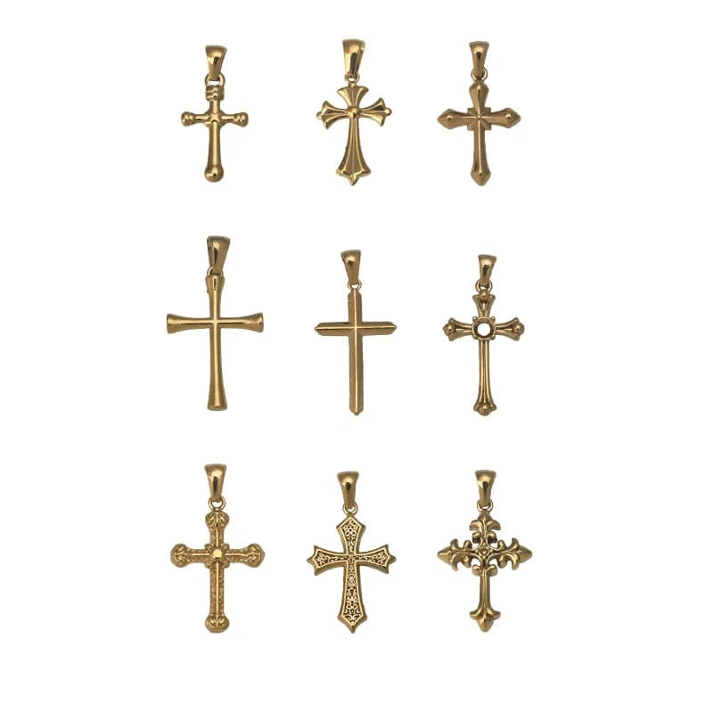 Minimalist Showlu 18K gold cross pendant necklace with titanium steel chain, versatile DIY jewelry accessory.