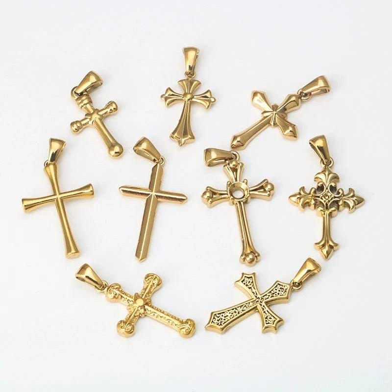Minimalist Showlu 18K gold cross pendant necklace with stainless steel chain, stylish DIY jewelry accessory.