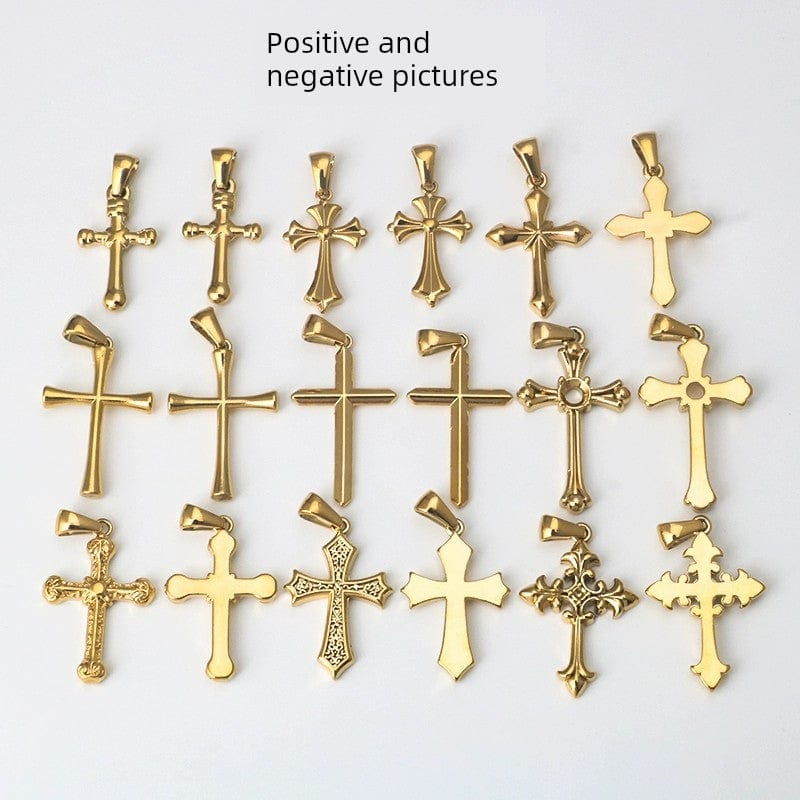 Showlu 18K gold cross pendant necklace with titanium steel chain, minimalist design, suitable for DIY jewelry accessories.