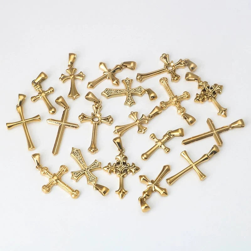 Minimalist stainless steel 18K gold cross pendant necklace, stylish DIY jewelry accessory featuring titanium steel craftsmanship.