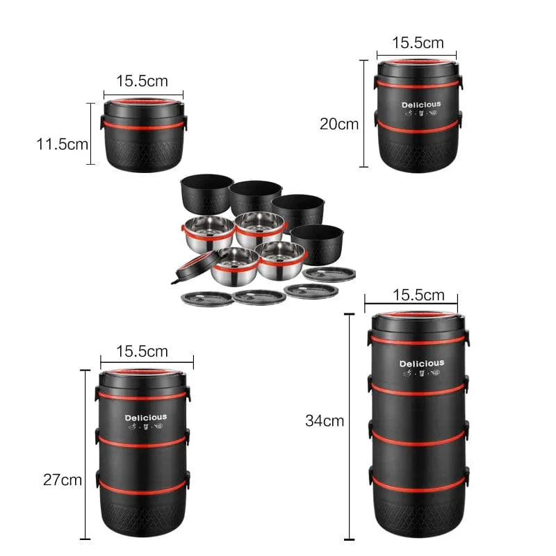 Stainless steel Showlu thermal bento lunch box set with multiple leakproof, layered compartments for portable meal storage