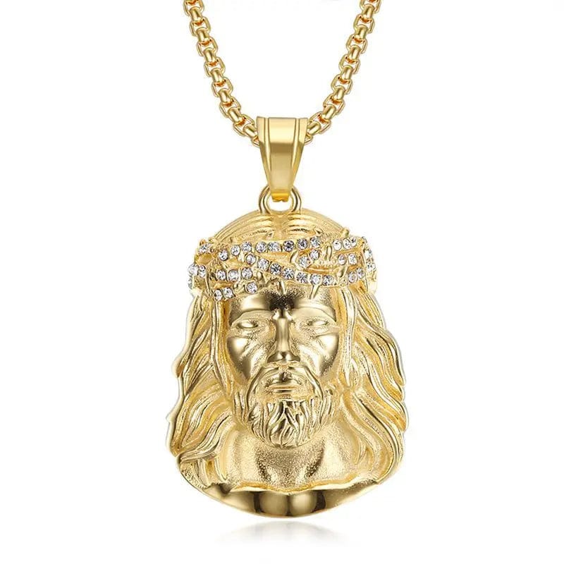 Gold plated stainless steel Jesus head pendant necklace, luxury hip-hop jewelry for men and women.