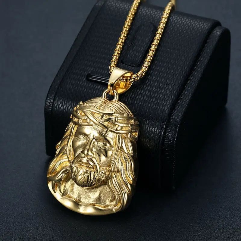 Gold plated stainless steel Jesus head pendant necklace, hip-hop style jewelry for men and women, luxury design by Showlu Fashion.