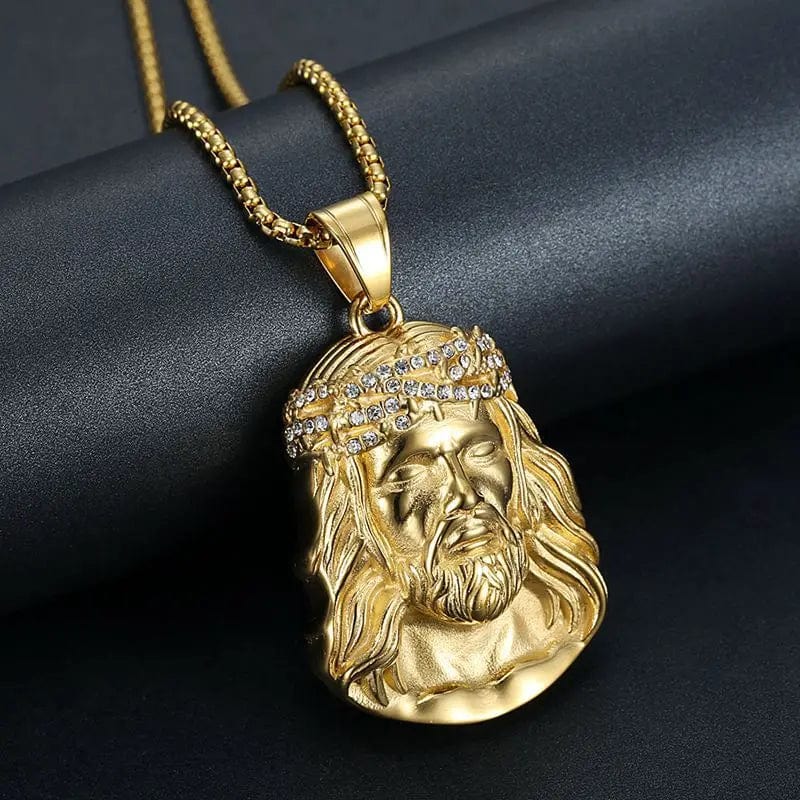 Gold-plated stainless steel Jesus head pendant necklace, luxury hip-hop jewelry for men and women.