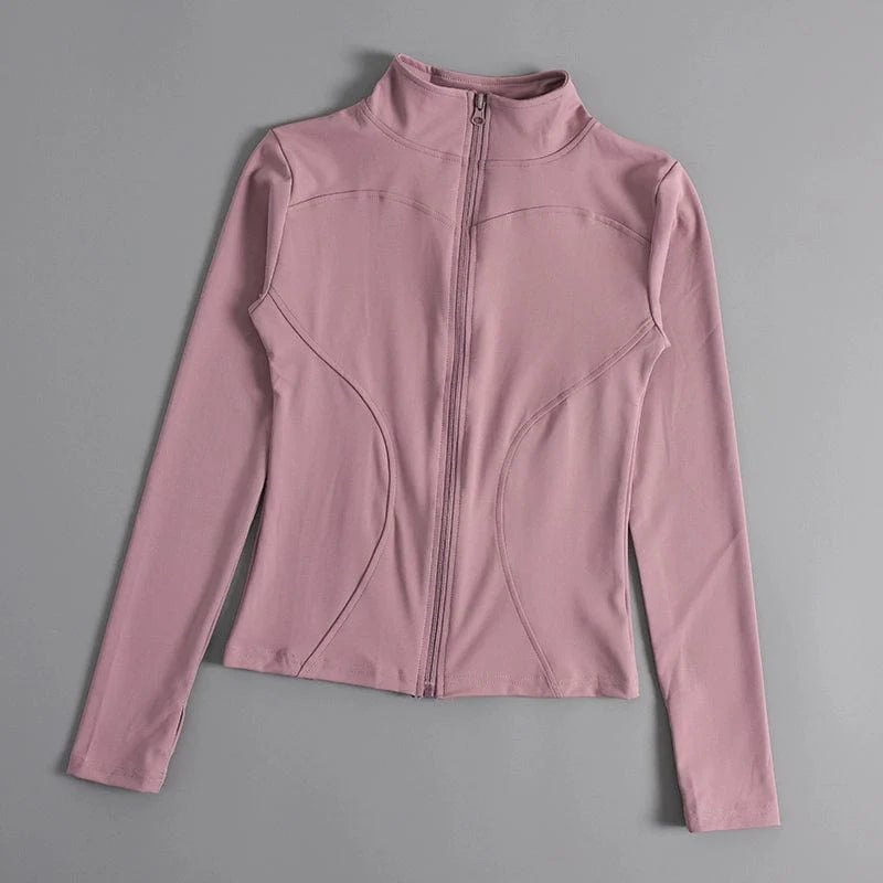 Showlu Women's stand collar yoga jacket with zipper, long sleeves, quick-dry fabric, slim fit, ideal for running and training workouts.