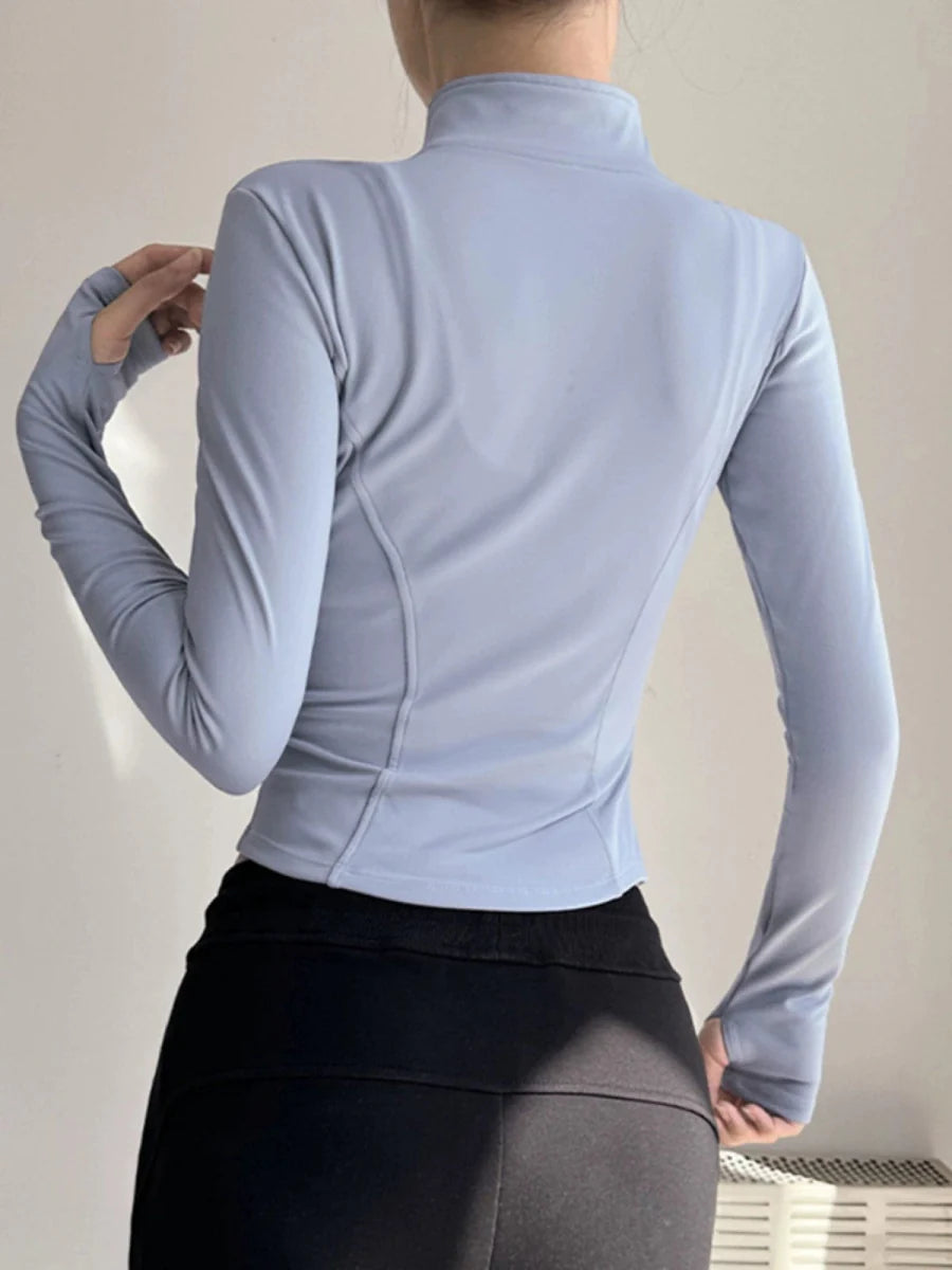 Showlu Women's stand collar yoga jacket with zipper, long sleeves, quick-dry fabric, slim fit, ideal for running and workout activities.