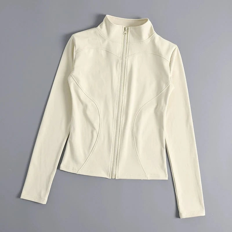 Showlu Women's stand collar yoga jacket with zipper, long sleeves, quick-dry fabric, slim fit, perfect for running and casual workouts.
