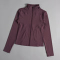 Showlu Women's stand collar yoga jacket with zipper, quick-dry fabric, long sleeves, slim fit, ideal for running, training, and casual wear.