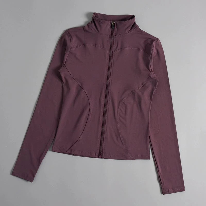 Showlu Women's stand collar yoga jacket with zipper, quick-dry fabric, long sleeves, slim fit, ideal for running, training, and casual wear.
