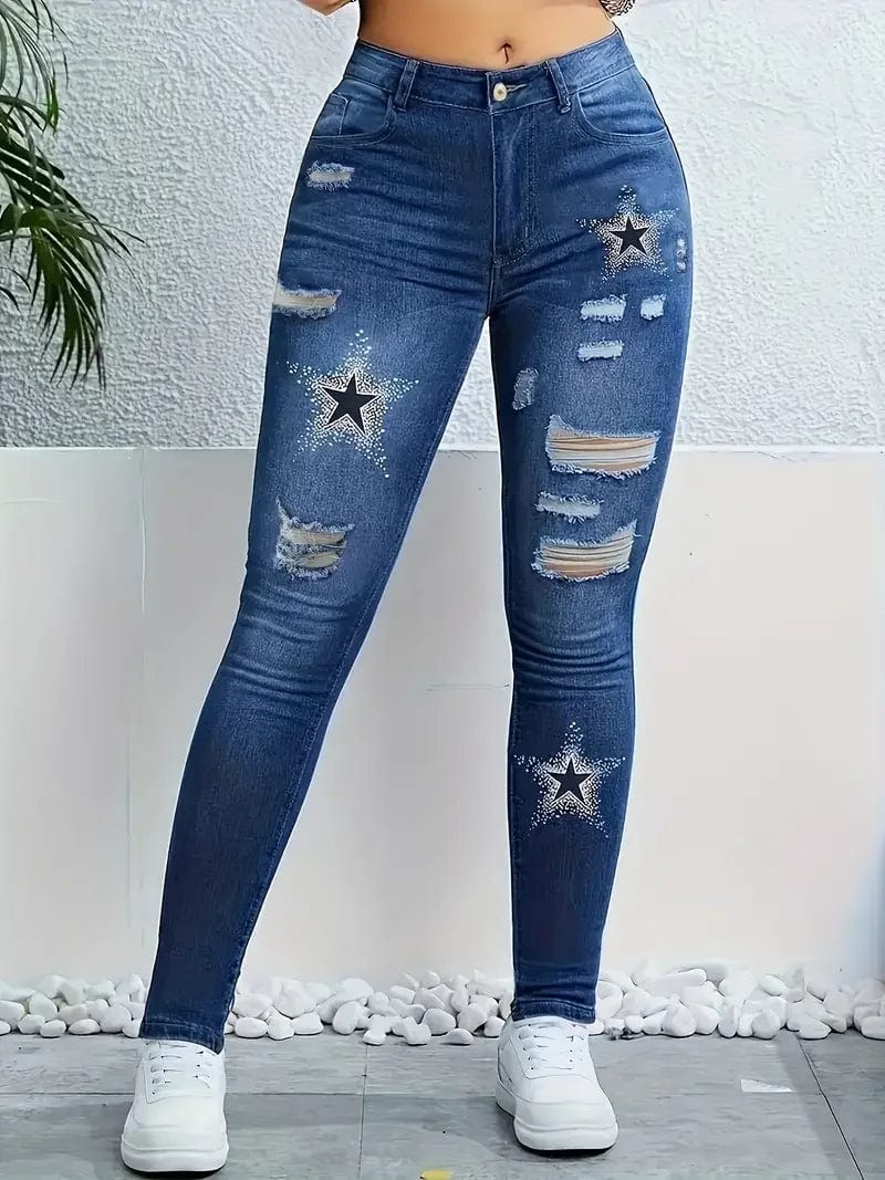 SHOWLU Women's star print high-waisted ripped skinny denim jeans with a washed finish and stretch fit.