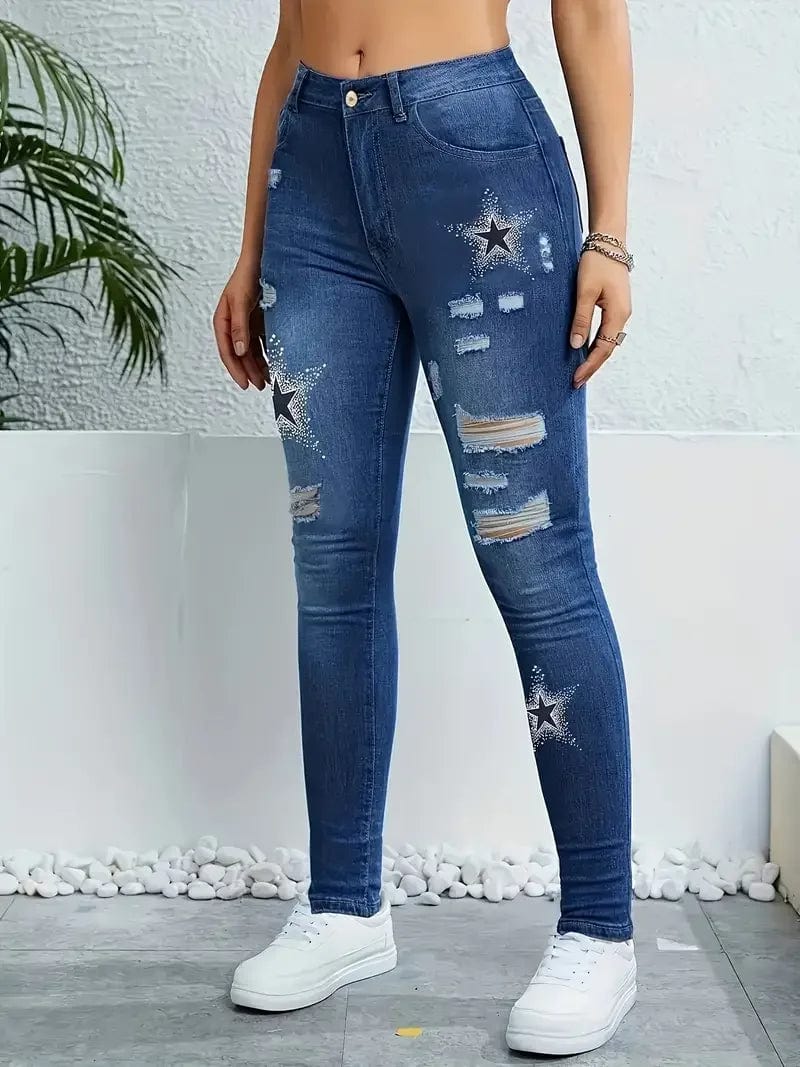 SHOWLU Women's star print high-waisted ripped skinny denim jeans with washed finish and stretch fit, fashionable women's denim trousers