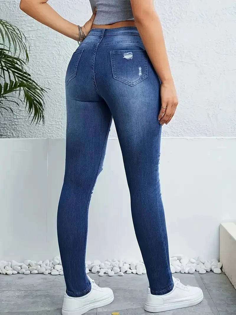 SHOWLU Women's star print high-waisted ripped skinny denim jeans with washed finish and stretch fit, stylish denim trousers for women.