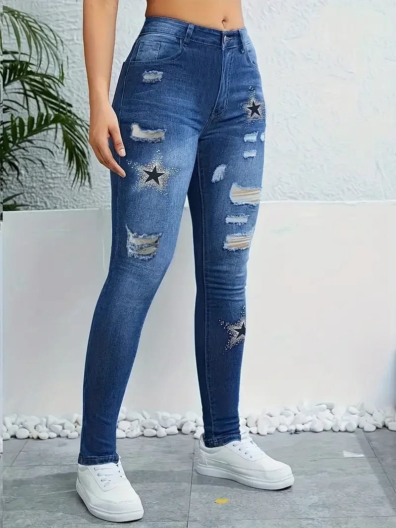 SHOWLU Women's star print high-waisted ripped skinny denim jeans with distressed holes, stretch fabric, fashionable and form-fitting.