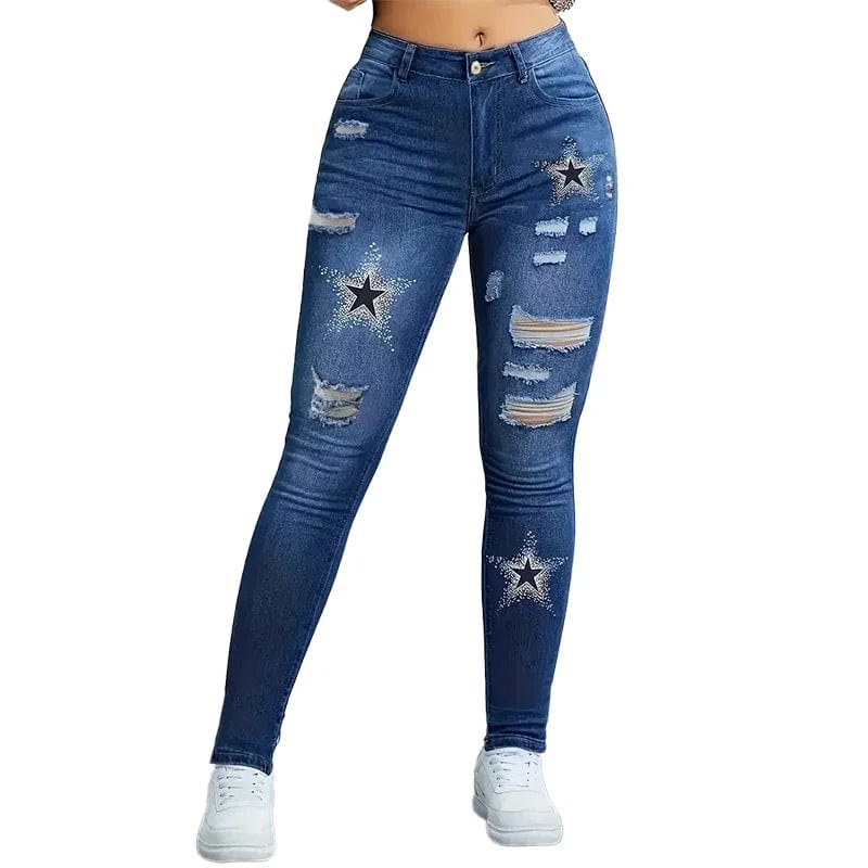 SHOWLU Women's star print high waisted ripped skinny denim jeans with washed finish and stretch fit, stylish and form-fitting.