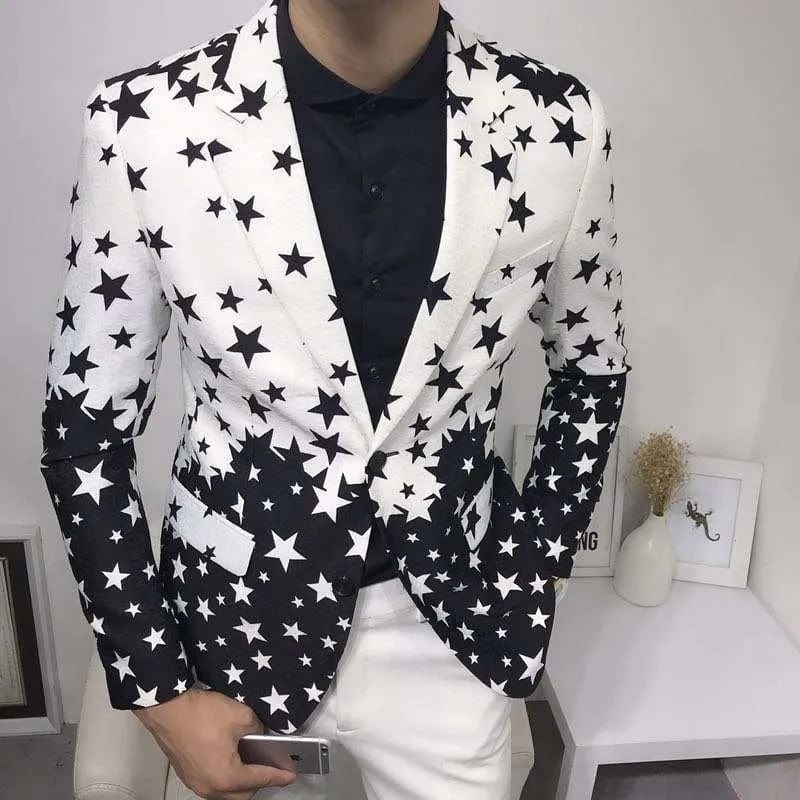 Men's star print slim fit blazer by Showlu Fashion, single-breasted tuxedo jacket for formal events and stylish occasions.
