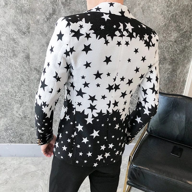 Men's star print slim fit blazer by Showlu Fashion featuring a single-breasted tuxedo style perfect for formal occasions.