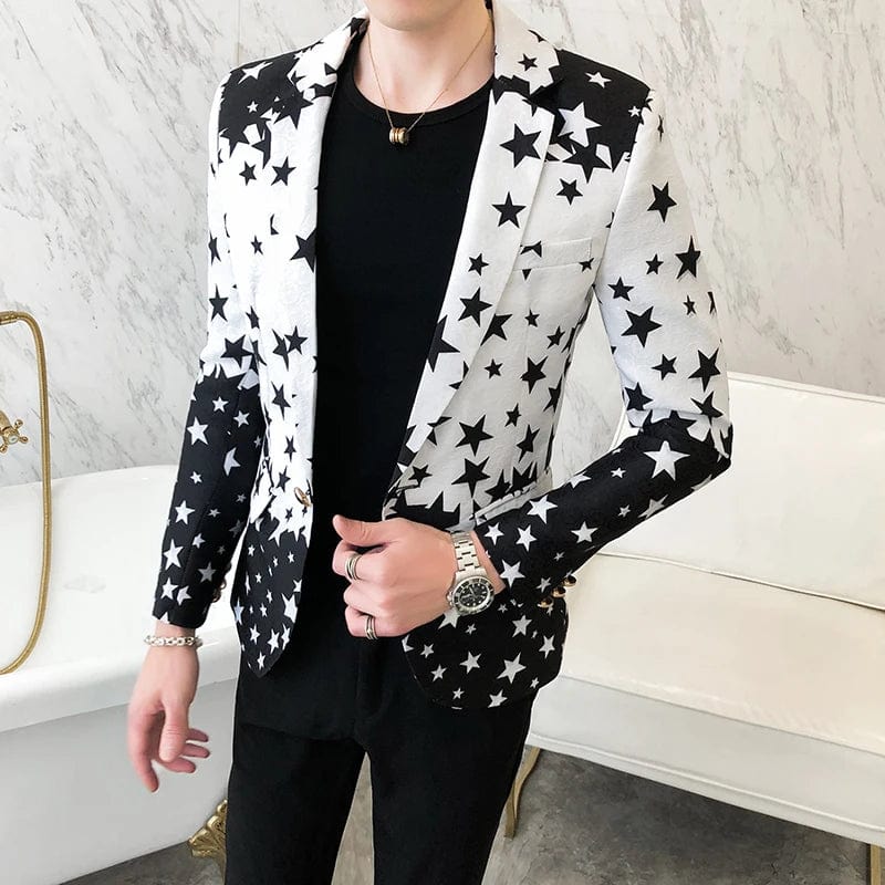 Men's star print slim fit blazer by Showlu Fashion, single-breasted tuxedo jacket perfect for formal, wedding, or prom events.