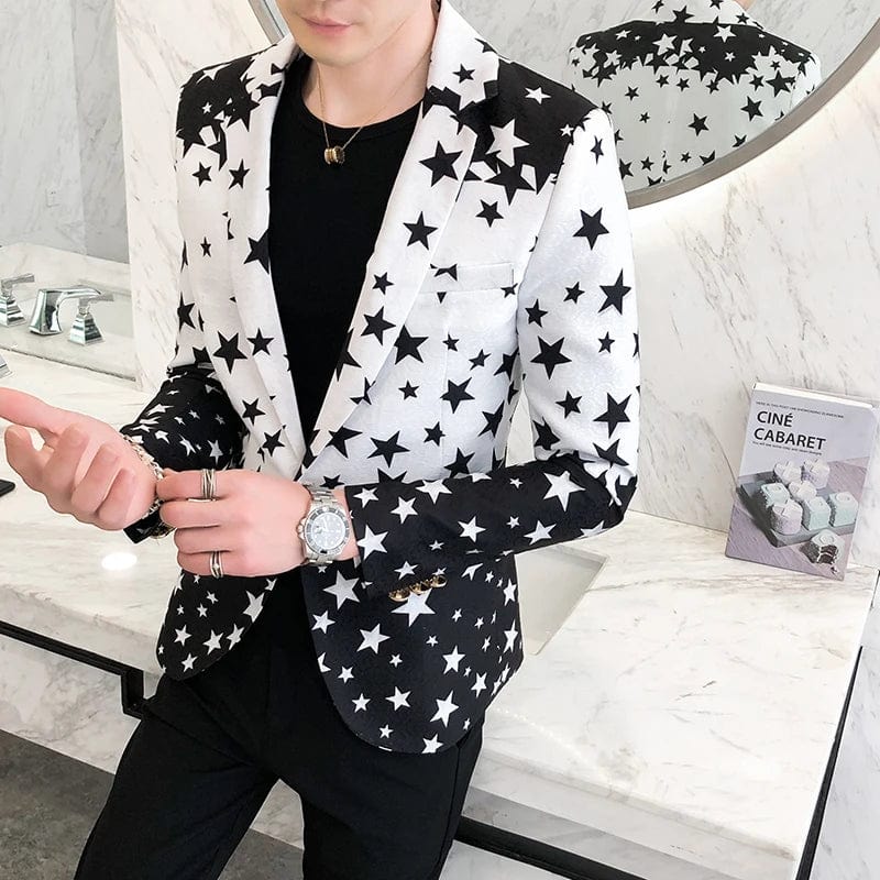 Men's star print slim fit blazer by Showlu Fashion, single-breasted tuxedo jacket for formal events, weddings, and prom.
