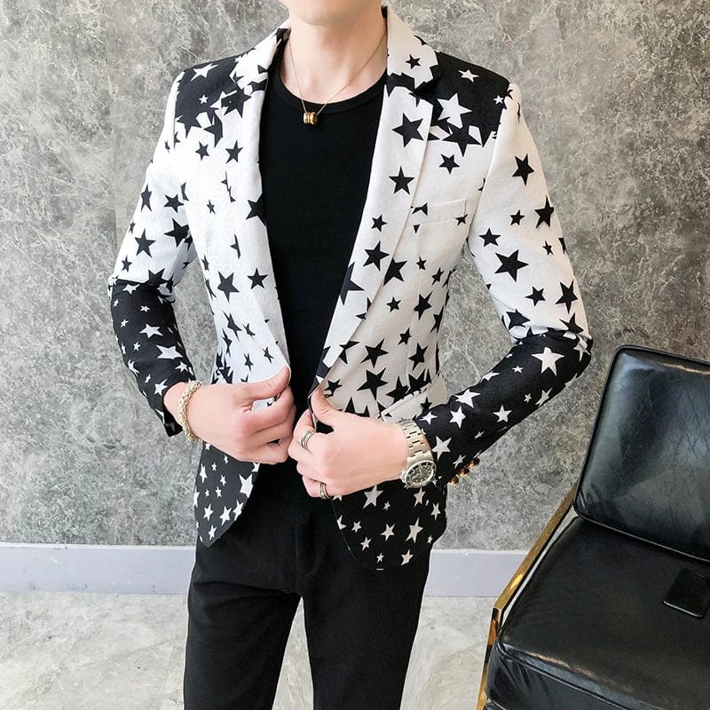 Men's star print slim fit blazer by Showlu Fashion, single-breasted tuxedo jacket suitable for formal events and weddings.