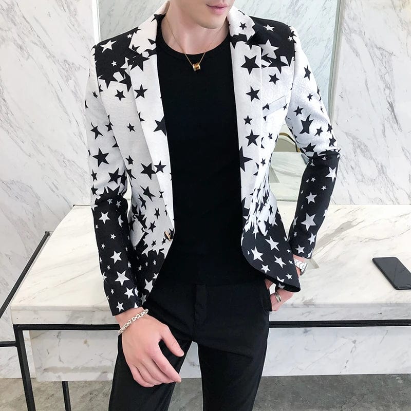 Men's star print slim fit blazer by Showlu Fashion, single-breasted tuxedo jacket for formal events and stylish occasions.