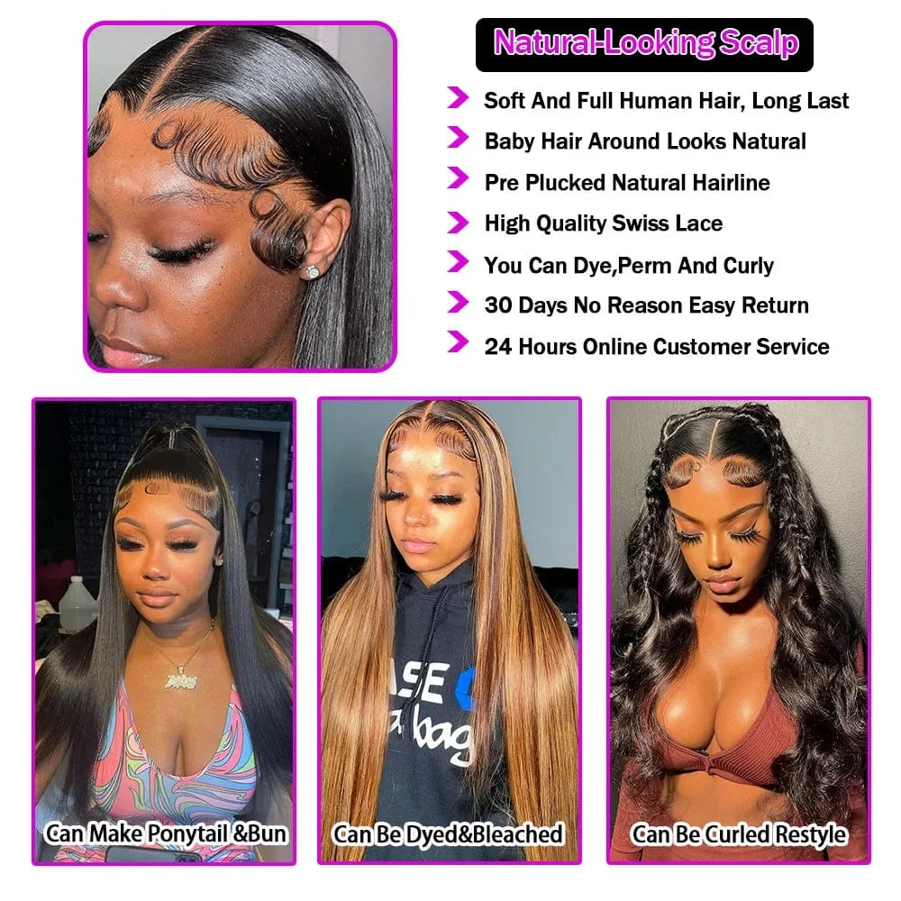 Glossy 36-inch straight glueless lace frontal human hair wig with 13x6 HD lace, preplucked, ready-to-wear for women.