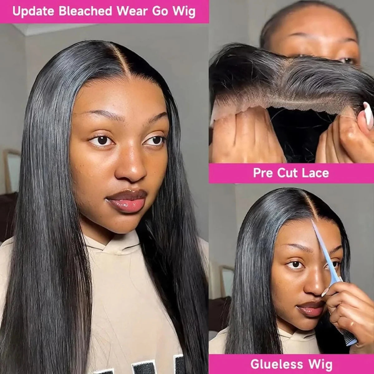 Glossy 36-inch straight glueless human hair lace frontal wig with 13x6 HD lace, preplucked and ready to wear for women.