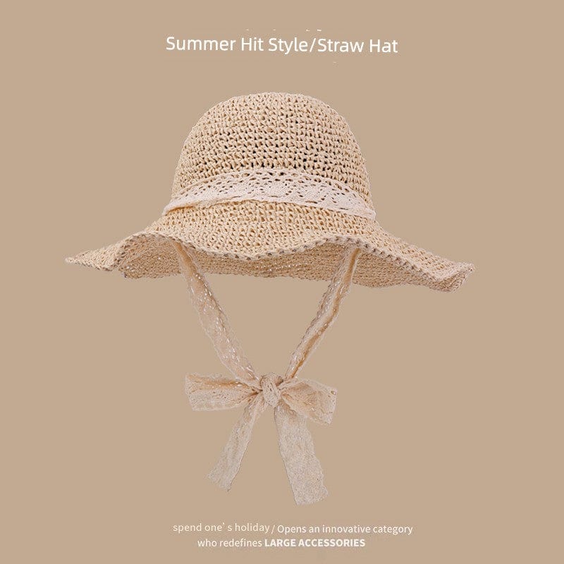 Women's hand-woven Japanese straw hat with lace trim, perfect for summer outings and stylish sun protection.