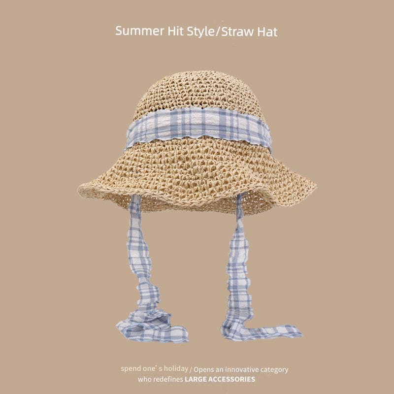 Women's hand-woven Japanese straw hat with lace trim, perfect for summer outings and stylish sun protection.