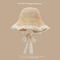 Showlu Fashion women's hand-woven Japanese straw hat with lace trim, perfect for summer outings and sun protection.