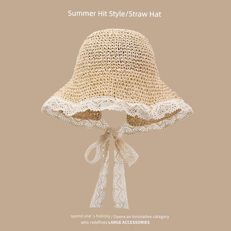 Showlu Fashion women's hand-woven Japanese straw hat with lace trim, perfect for summer outings and sun protection.