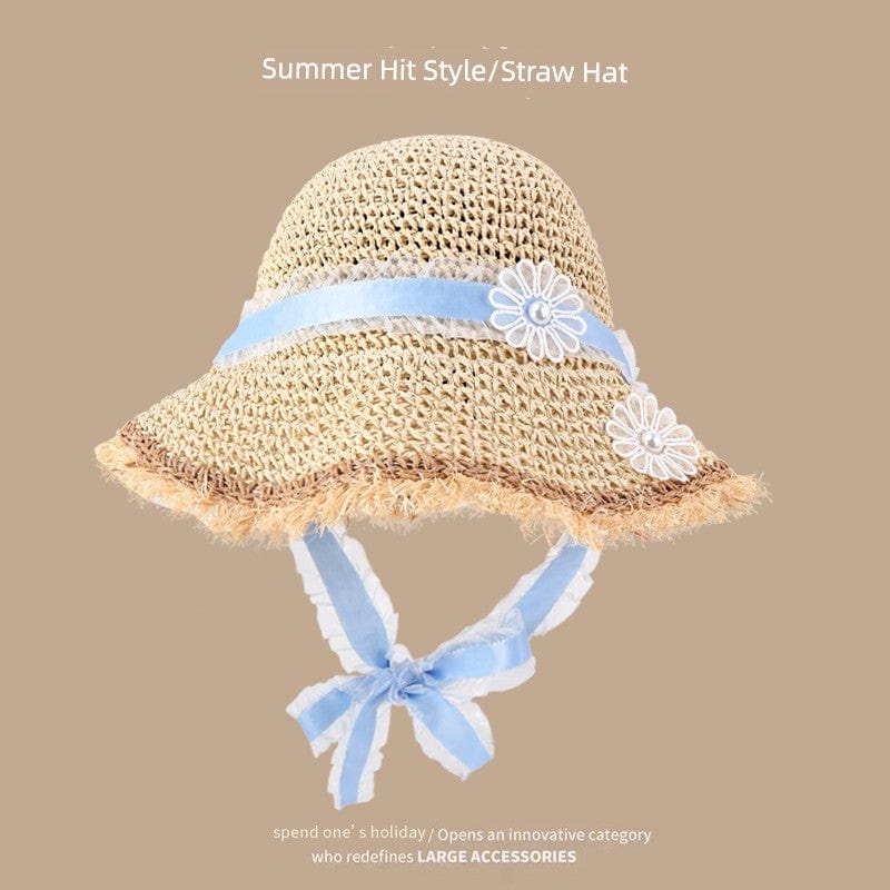 Women's hand-woven Japanese straw hat with lace trim, perfect for summer outings and stylish sun protection.