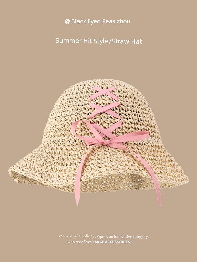 Women’s Japanese-style straw hat with lace trim, hand-woven Summer fashion accessory by Showlu Fashion, perfect for outdoor outings.