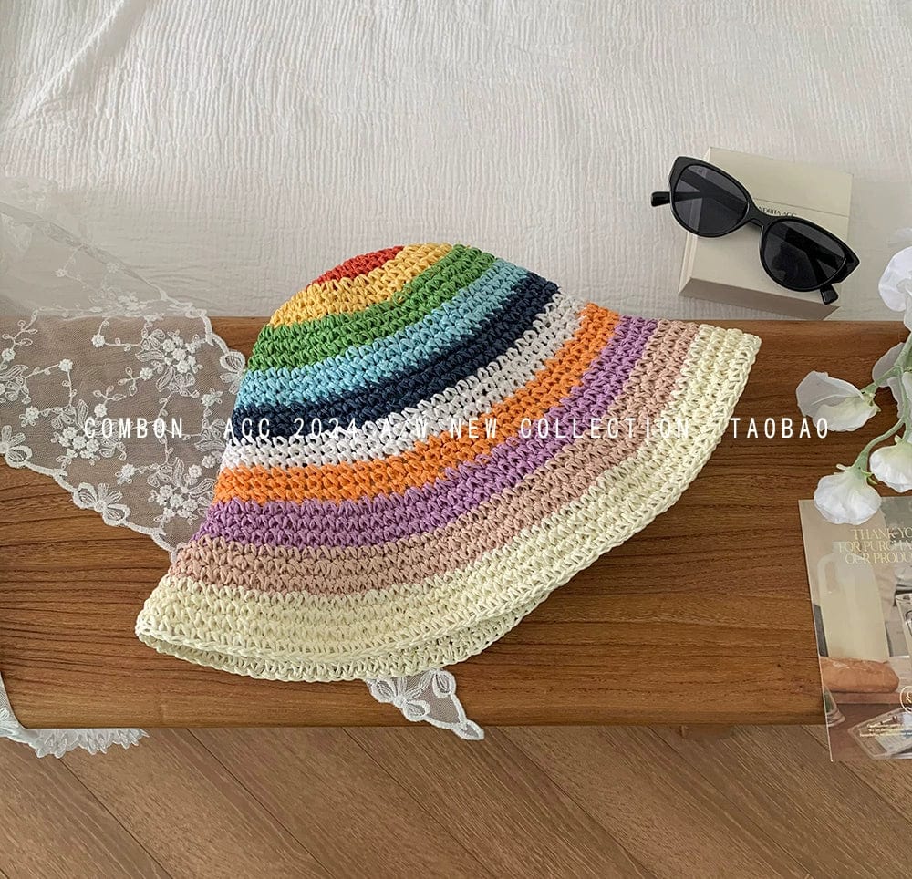 Rainbow straw sun hat for women with wide brim, stylish beach fedora for summer sun protection, by Showlu Fashion Store.
