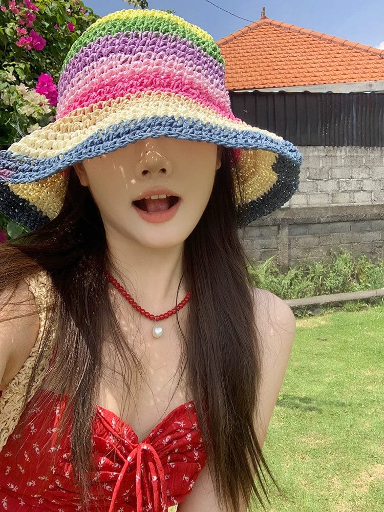 Women's rainbow straw sun hat with wide brim, stylish beach fedora for summer sun protection and fashionable outdoor wear
