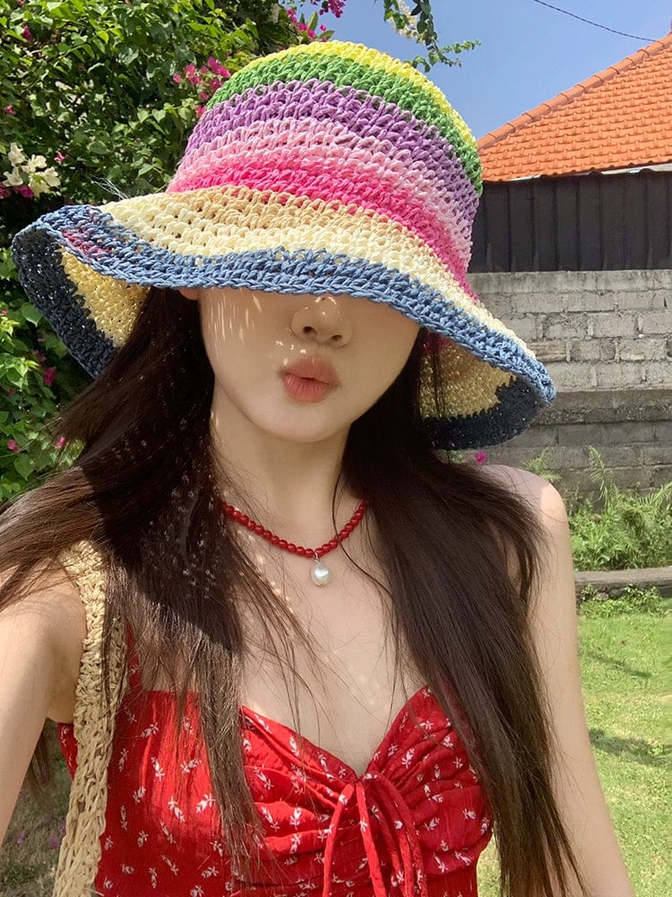 Rainbow straw sun hat for women with wide brim, stylish beach fedora, perfect for summer and sun protection.