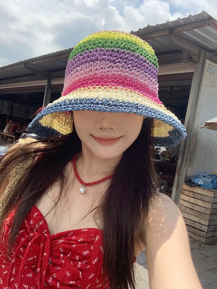 Rainbow straw sun hat for women with wide brim, perfect for beach and outdoor summer wear, stylish Japanese-inspired fedora style