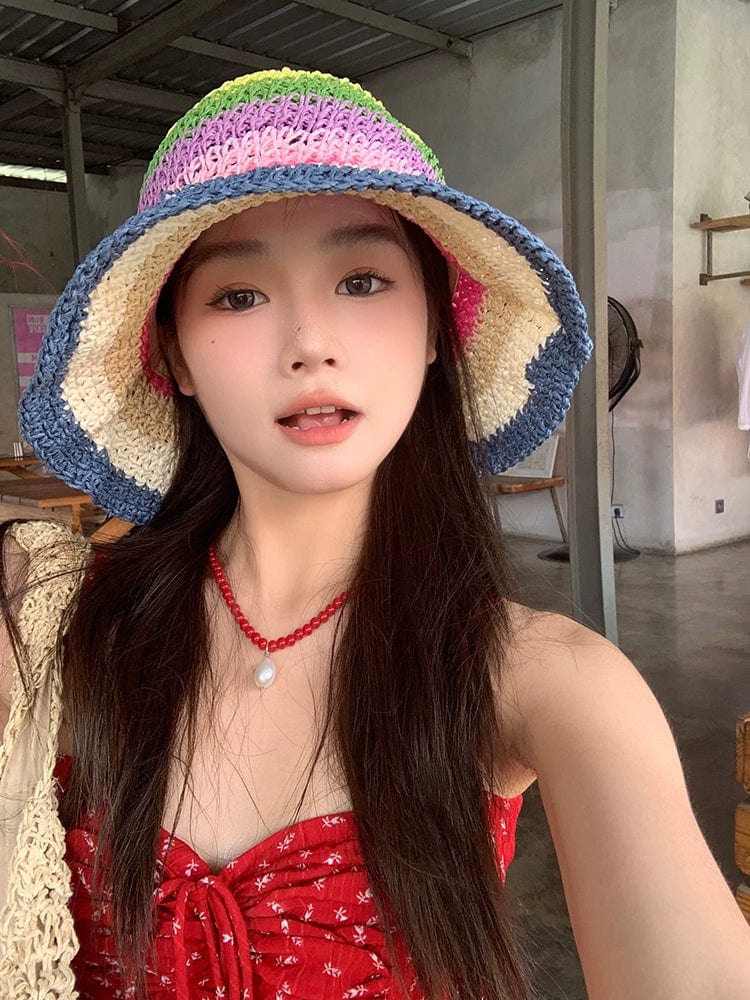 Rainbow straw sun hat for women with wide brim, perfect for beach and summer sun protection. Showlu Fashion Women's Fedora.