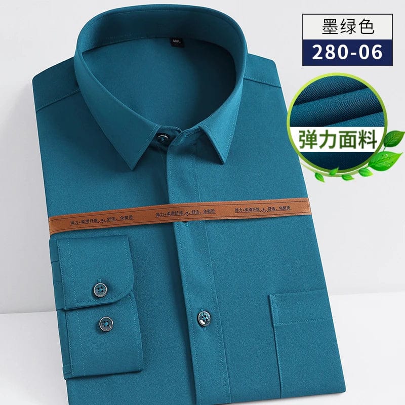 White men's slim fit stretch cotton dress shirt with long sleeves, formal design, from PAULFITZGERALD for business or social wear.