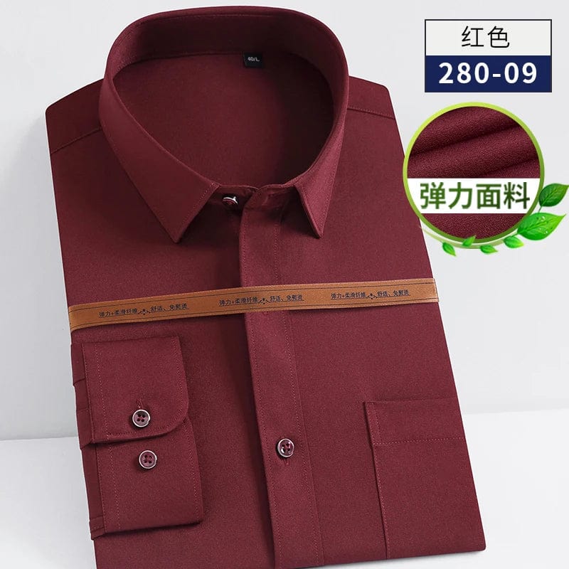 White men's slim fit stretch cotton dress shirt with long sleeves, formal style, ideal for business or social occasions.