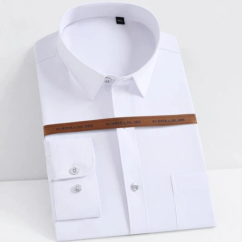 White men's slim fit stretch cotton dress shirt with long sleeves and formal design, ideal for business and social occasions.