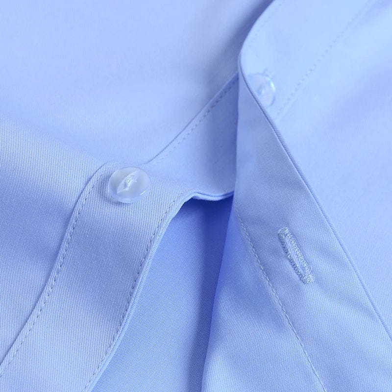 White men's slim fit stretch cotton dress shirt with long sleeves, formal style, tailored for business and professional wear.