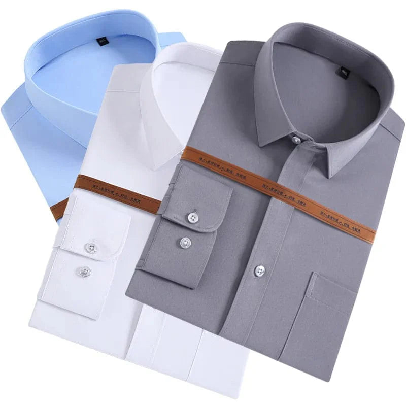 White PaulFitzgerald men's slim fit stretch cotton long sleeve dress shirt, formal business shirt with a classic collar and tailored fit