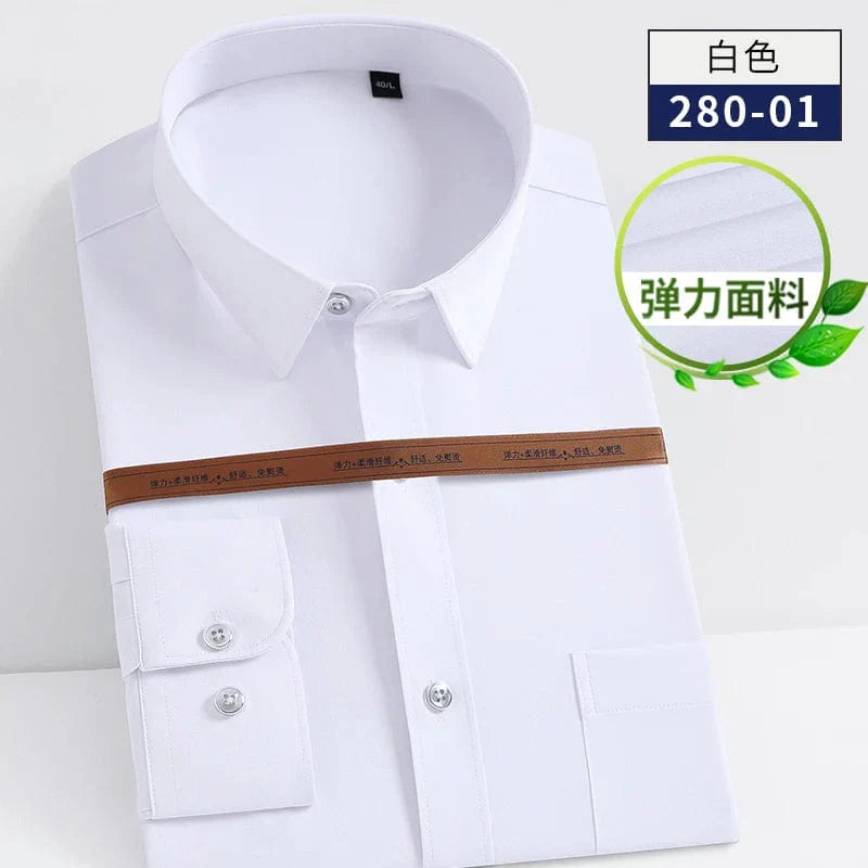 White men's slim fit stretch cotton dress shirt with long sleeves, formal style, tailored fit, ideal for business or social occasions.