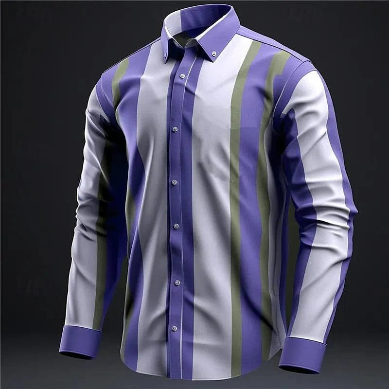 SHOWLU Men's striped bamboo fiber long sleeve casual business shirt with lapel, suitable for everyday wear and spring occasions.