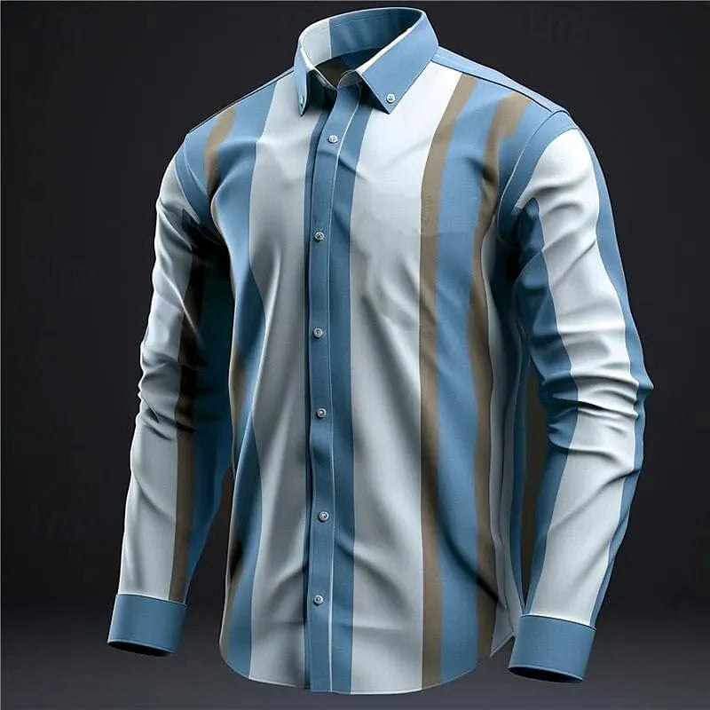 SHOWLU Men's striped bamboo fiber business casual shirt with long sleeves, lapel collar, ideal for everyday spring wear.