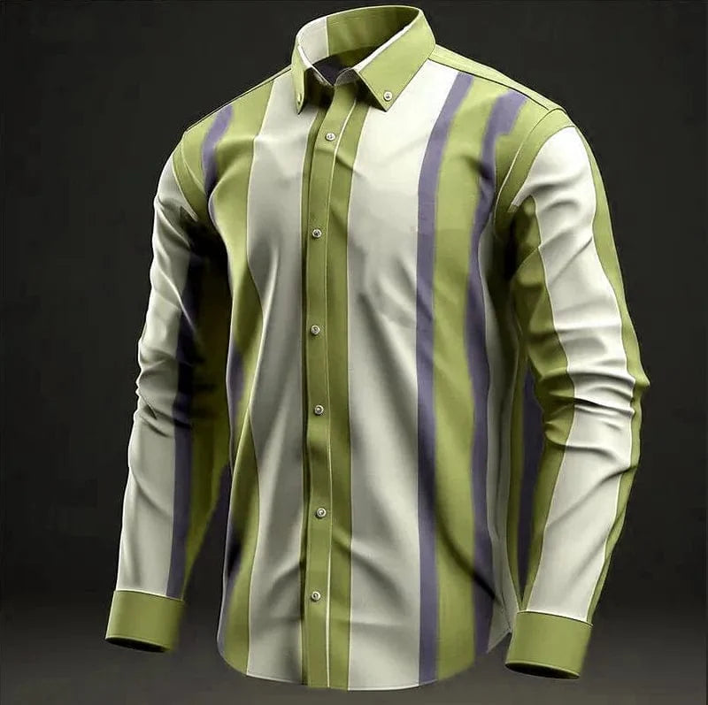 SHOWLU men's striped bamboo fiber long sleeve casual shirt with lapel, suitable for business and everyday wear.
